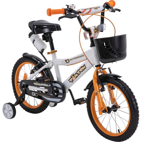 Actionbikes Kinderfahrrad Timson 16 Zoll | Kinder Fahrrad - V-Brake Bremsen - Kettenschutz - Fahrradständer - Fahrradkorb - 4-7 Jahre (Orange/Weiß)