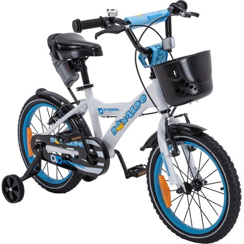 Actionbikes Kinderfahrrad Donaldo 16 Zoll | Kinder Fahrrad - V-Brake Bremsen - Kettenschutz - Fahrradständer - Fahrradkorb - 4-7 Jahre (Blau/Weiß)