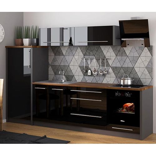 Küchenzeile PLATINUM Mansardenküche mit Arbeitsplatte 285cm lava Front schwarz Hochglanz Teilauszug