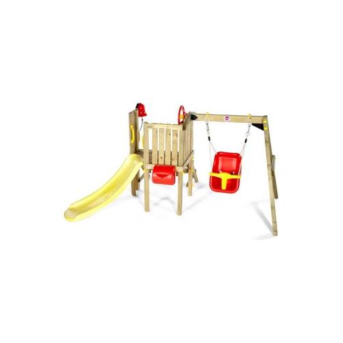 Plum Kleinkinder Turm mit Babyschaukel – Outdoor-Kletterturm für Kleinkinder aus Holz, Babyschaukel, Rutsche, natur