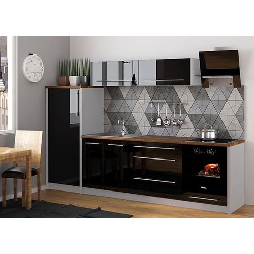 Küchenzeile PLATINUM Mansardenküche mit Arbeitsplatte 287cm Teilauszug grau Fronten schwarz Hochglanz