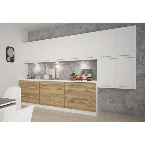 Küchenzeile SILVER-PLATINUM Einbauküche 320cm weiß Fronten weiß Hochglanz - wildeiche