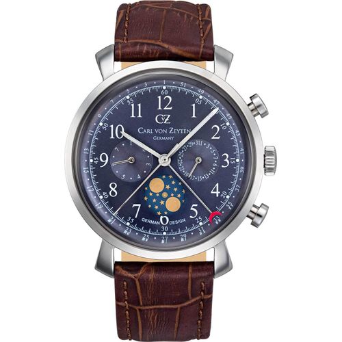 Carl von Zeyten CVZ0015BL Urach silber blau braun Leder Armband Uhr Herren NEU