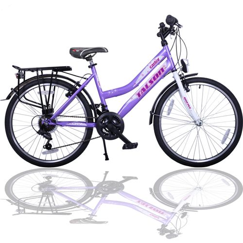 Talson City-Fahrrad 26 Zoll, 21-GG-Shimano-Schaltung, mit Beleuchtung und Gepäckträger, Farbe Lila