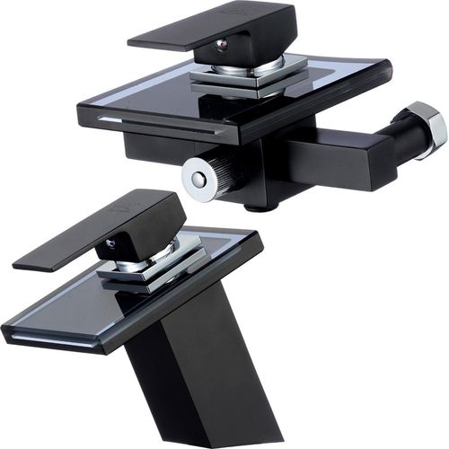 Set Glas Wasserfall Wannen & Waschtisch Armatur schwarz | Bad Wasserhahn Wannenarmatur