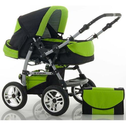 Kinderwagen-Set Flash 2 in 1 in Schwarz-Grün - 14 Teile - in 18 Farben erhältlich