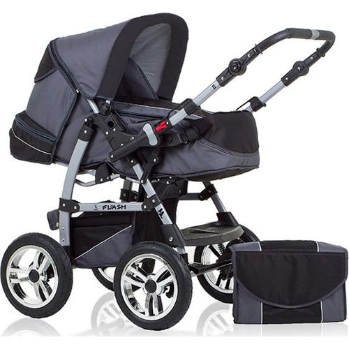 Kinderwagen-Set Flash 2 in 1 in Grau-Schwarz - 14 Teile - in 18 Farben erhältlich