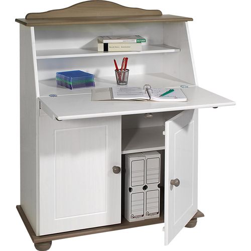 Sekretär Schreibtisch Landhausstil Kommode Klappensekretär Schreibkommode DAVID COLMAR, Kiefer massiv, taupe/weiß