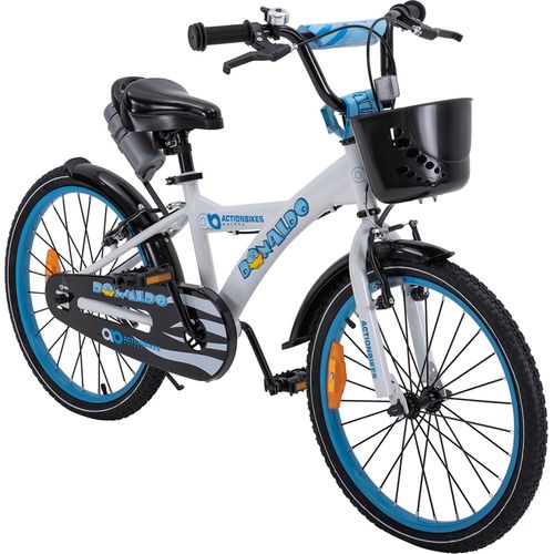 Actionbikes Kinderfahrrad Donaldo 20 Zoll | Kinder Fahrrad - V-Brake Bremsen - Kettenschutz - Fahrradständer - Fahrradkorb - 6-9 Jahre (Blau/Weiß)