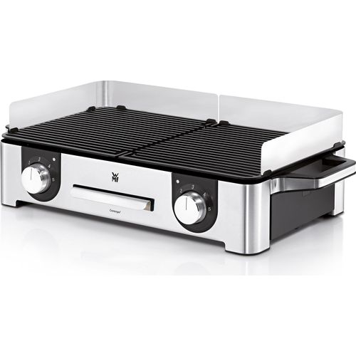 WMF Lono Master-Grill, Elektrogrill, 50 x 28 cm, Tischgrill elektro mit Windschutz und Auffangschale, Outdoor für Barbecue, 2 getrennt regulierbare Grillflächen, 2400 W, edelstahl matt