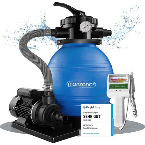MONZANA® Sandfilteranlage Pool Selbstansaugend 10.200L/h 450 Watt 2in1 Adapter Ø32mm – 38mm Wassertester Ph Chlor 7-Wege Sandfilterpumpe Poolfilter Filteranlage