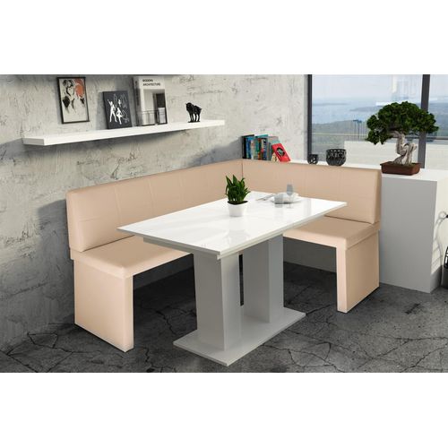 Eckbankgruppe 196x142 cm ROBIN XL L Creme / Esstisch DANTE Weiss