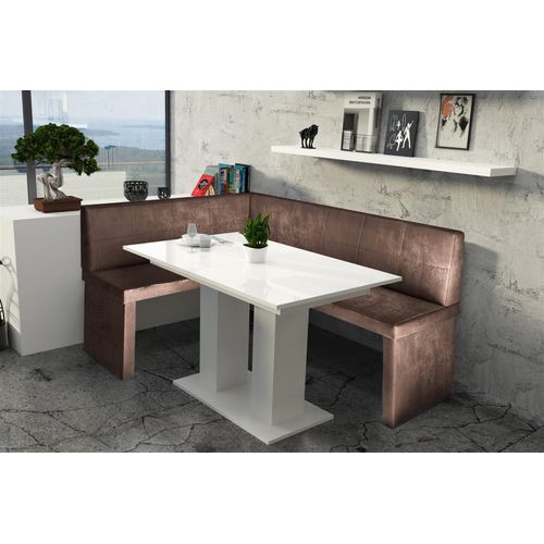 Eckbankgruppe 168x128 cm ROBIN R Vin.. Braun/ Esstisch DANTE Weiss HGL