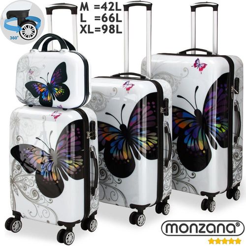 MONZANA Reisekofferset 4tlg Butterfly Hartschalenkofferset mit Schloss & Beautycase 360° Rollen Schutzfolie Netzfach 2 Wege Reißverschluss Koffer