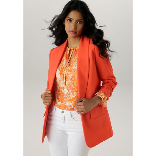 Longblazer ANISTON SELECTED, Damen, Gr. 46, orange, Web, Obermaterial: 95% Polyester, 5% Elasthan. Futter: 100% Polyester, unifarben, modisch, lässig geschnitten hüftbedeckend, Langarm, Blazer, mit modischem Reverskragen und gerafften Ärmeln
