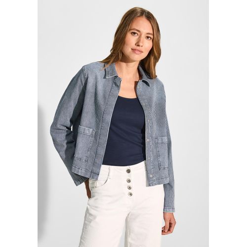 Jeansjacke CECIL, Damen, Gr. XXL (46), blau (mid blau wash), Web, 99% Baumwolle, 1% Elasthan, gestreift, casual, gerade normal, V-Ausschnitt, Langarm Bündchen, Jacken, mit Knopfleiste