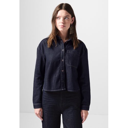 Jeansbluse STREET ONE STUDIO, Damen, Gr. 44, blau (rinse washed), Jeans, 100% Baumwolle, unifarben, gerade kurz, V-Ausschnitt, Bündchen, Blusen, mit Brusttasche