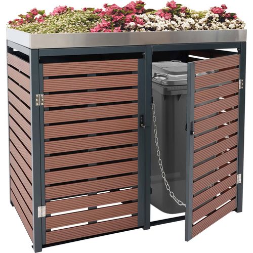 2er Mülltonnenverkleidung HWC-K14, Mülltonnenbox mit Pflanzkasten, 124x134x84cm WPC Edelstahl 79kg Walnuss-Holzoptik