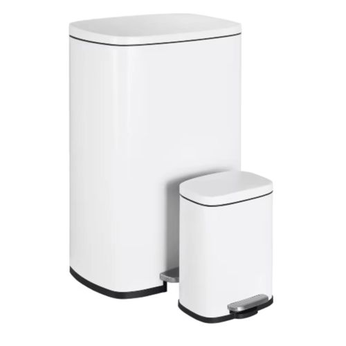 Mülleimer für Küchenabfälle – Leise schließend, wischfester Treteimer aus gebürstetem Edelstahl, Satin-Nickel – 50L + 5L – Weiß