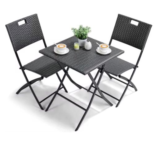 Outdoor Klapptisch-Set – Balkonset – 3-teilig – Für Camping und Picknick – Faltbares Rattanmöbel-Set mit Tisch und 2 Stühlen – Tragbares Balkonset – D