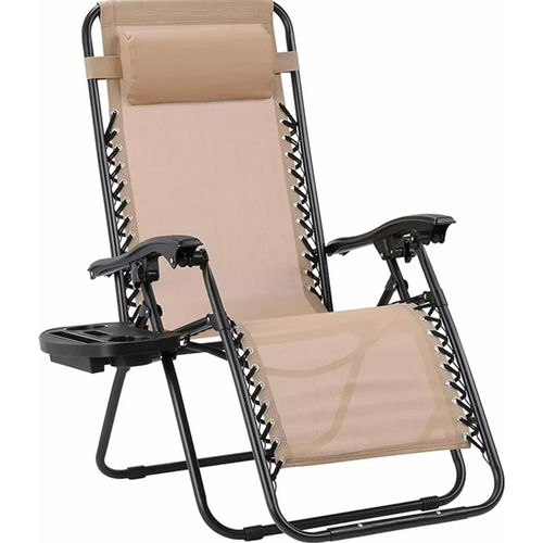 Klappstuhl mit verstellbarem Stahlgeflecht – Zero Gravity Liegestuhl – Sessel mit Kissen und Getränkehalter – Beige – 2 Stück
