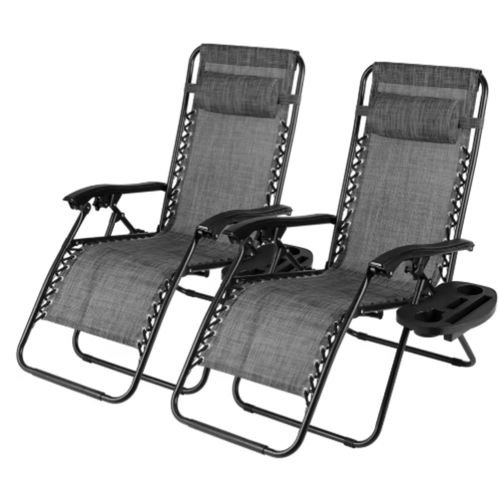 Klappstuhl mit verstellbarem Stahlgeflecht – Zero Gravity Liegestuhl – Sessel mit Kissen und Getränkehalter – Grau – 2 Stück
