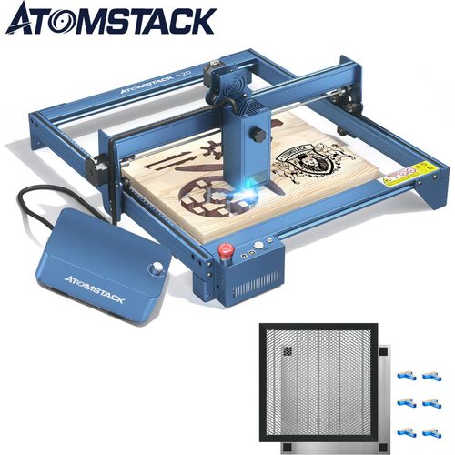 ATOMSTACK A20 PRO 20W Leistung 130W Augenschutz Gräviermaschine Gravurintervall 400*400mm mit Air Assist System und 500*500*22mm Waben Arbeitsplatte