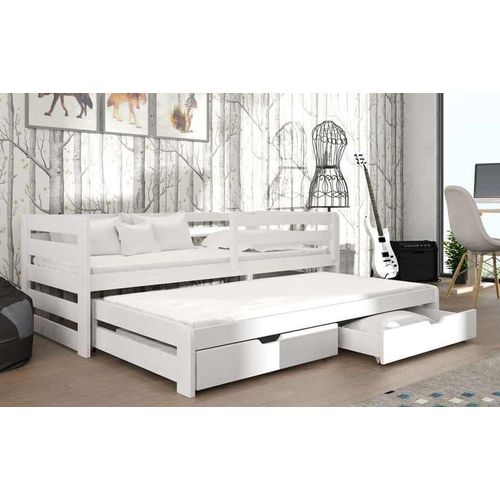 Kinderbett SANDRA aus massiver Kiefer mit Zusatzbett und Schubladen - 200x90 cm – weiß
