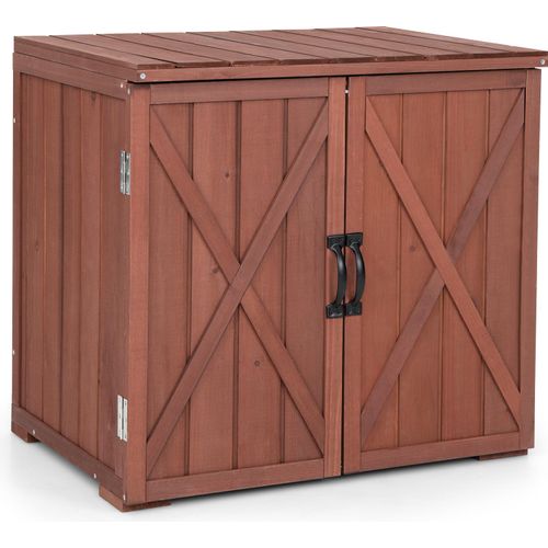 COSTWAY Gartenschrank Holz, Lagerschrank Garten, Holzschrank mit Doppeltüren und Griffen, Geräteschrank Gerätehaus Geräteschuppen, Schuppen Schrank, Werkzeugschrank Braun, 77 x 56 x 72 cm