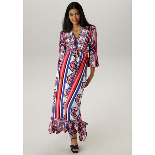 Maxikleid ANISTON SELECTED, Damen, Gr. 40, N-Gr, bunt (rot, lilla, weiß, schwarz, rosa, gelb), Single Jersey, Obermaterial: 95% Viskose, 5% Elasthan, gemustert, gestreift, modisch, figurumspielend knöchelfrei, V-Ausschnitt, 3/4-Ärmel Volant, Kleider, mit Volant an den 3/4-langen Ärmeln und am Saum