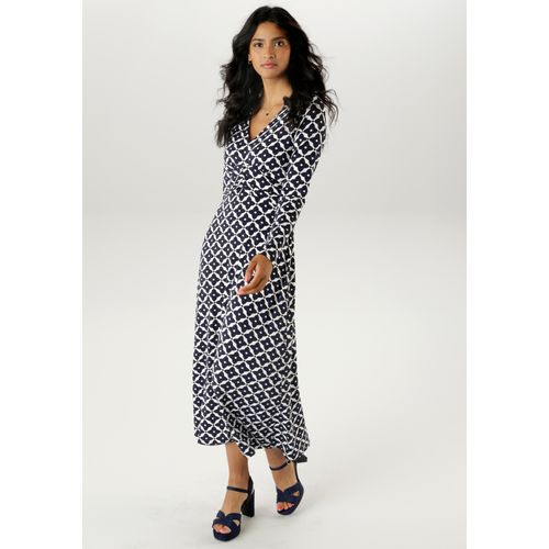 Midikleid ANISTON SELECTED, Damen, Gr. 40, N-Gr, blau (marine, sanftes weiß), Single Jersey, Jersey, Obermaterial: 95% Viskose, 5% Elasthan, gemustert, bedruckt, feminin, figurbetont knöchelfrei, V-Ausschnitt, Langarm, Kleider, mit eleganten, grafischen Druckverlauf