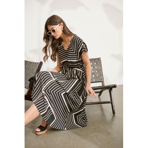 Midikleid LAURA SCOTT, Damen, Gr. 42, N-Gr, schwarz (schwarz, sand, gemustert), Web, Obermaterial: 100% Viskose, bedruckt, feminin, figurumspielend lang, V-Ausschnitt, Kurzarm angeschnitten, Kleider, im trendigen Maxi-Streifendesign