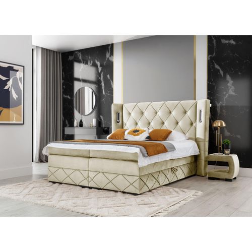 Boxspringbett 120x200 Neria Lux - Kontinentalbett mit zwei Bettkästen - Kopfteil mit Beleuchtung, Hauptmatratze von hochelastischer Schaum - Beige (Monolith 04)