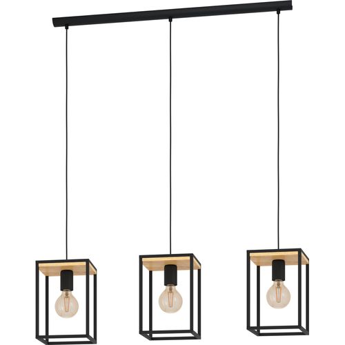 EGLO Hängelampe Libertad, 3-flammige Pendelleuchte Esstisch, Hängeleuchte aus Metall in schwarz und Holz in Natur, Esszimmerlampe hängend, E27 Fassung