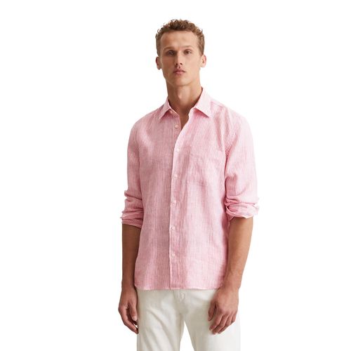 Leinenhemd MARC O'POLO, Herren, Gr. M, N-Gr, multi, raspberry pink, Web, Obermaterial: 100% Leinen, gestreift, casual, regular fit, Langarm 2-Knopf-Manschette, Hemden, fein gestreift