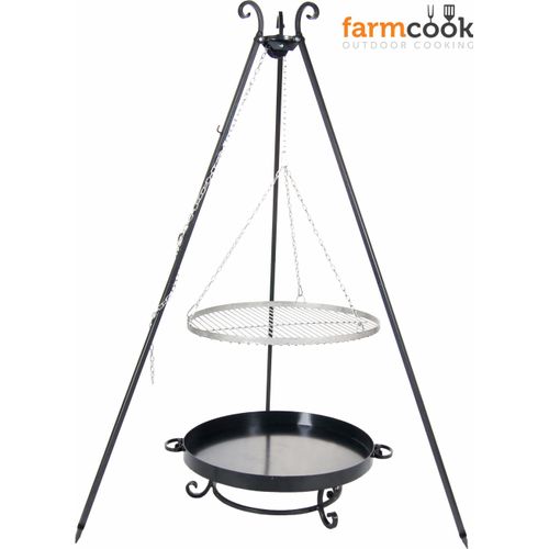 Farmcook E00806 Schwenkgrill mit Dreibein OSKAR (Rost aus Edelstahl+Dreibein+Feuerschale Pan 32) ; Rost (Durchmesser): 60cm ; Feuerschale (Durchmesser): 70cm ; Höhe: 210cm