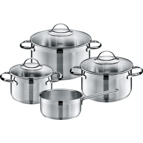 Silit Achat Topfset 4-teilig, Töpfe mit Glasdeckel, Induktionstöpfe, Edelstahl poliert, Induktion, unbeschichtet, backofengeeignet