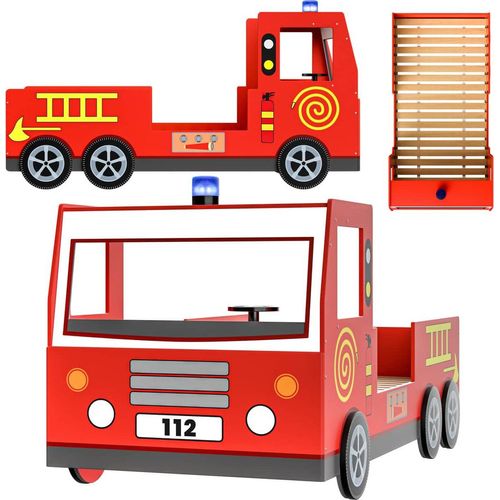 CASARIA® Kinderbett 90x200cm mit Rausfallschutz Lattenrost 120kg belastbar 3D Leuchte Sirene Lenkrad Feuerwehr Bett Jugendbett Juniorbett Autobett Rot