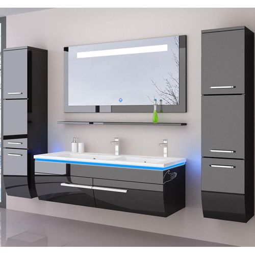 Doppelwaschtisch 120 cm Schwarz Hochglanz Doppelwaschbecken Badmöbel Set Bad Led System Fertig Montiert