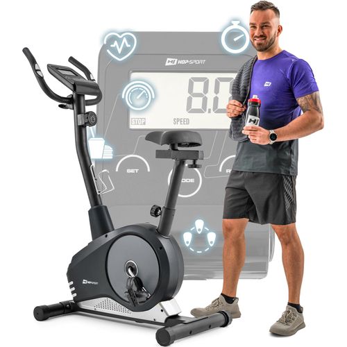 Hop-Sport Heimtrainer Fahrrad Spark Silber für Zuhause magnetischer Hometrainer mit verstellbarem Sitz & Lenker, Pulssensoren, LCD-Display - bis 120kg