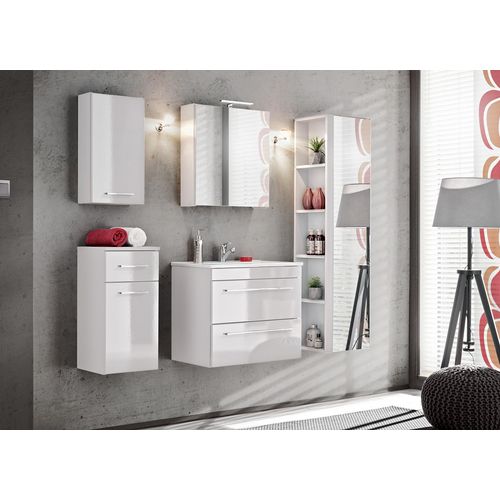 Badmöbel 5-tlg Badezimmerset TOSCA Weiss HGL inkl.Waschtisch 60cm