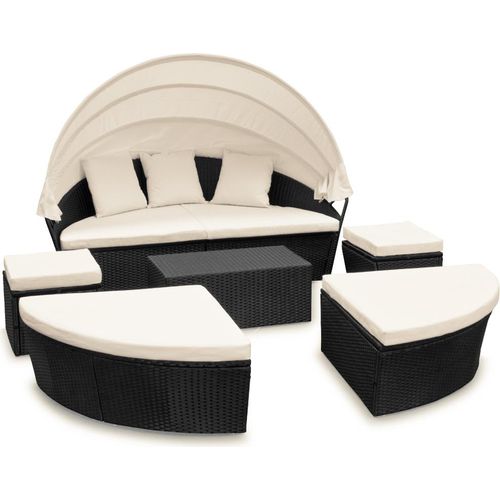 CASARIA® Sonneninsel Lounge Set ø226cm Polyrattan Faltbares Sonnendach Tisch 7cm Auflagen Wetterfest Outdoor Sonnenliege Gartenliege schwarz