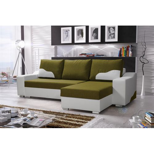 Ecksofa Sofa COLLIN mit Schlaffunktion Weiss/ Olivgrün Ottomane Rechts