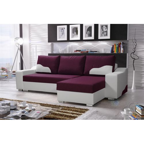 Ecksofa Sofa COLLIN mit Schlaffunktion Weiss / Violett Ottomane Rechts