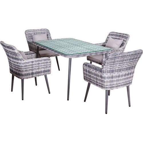 Garten Essgruppe Lima Polyrattan Rattan Möbel Garten Modern 4 Stühle Aluminium Glasplatte Salzwasserbeständig Wickelung halbrund Rattan hochwertig Füße Höhenverstellbar Kissenbezüge abnehmbar edle Optik