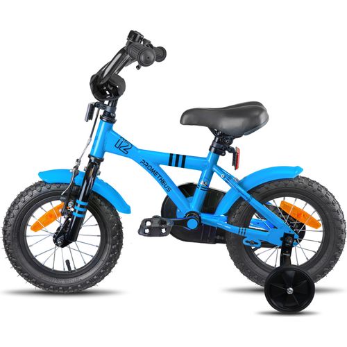 PROMETHEUS Kinderfahrrad 12 Zoll Jungen und Mädchen in Blau & Schwarz mit Stützräder | Aluminium Seitenzugbremse und Rücktrittbremse | inkl. Sicherheitspaket | ab 3 Jahre | 12“ BMX Edition 2018