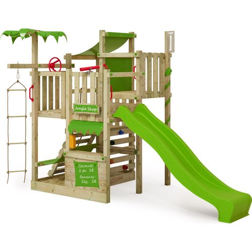 FATMOOSE Klettergerüst Spielturm CrazyCoconut mit Rutsche, Gartenspielgerät mit Leiter & Spiel-Zubehör – apfelgrün