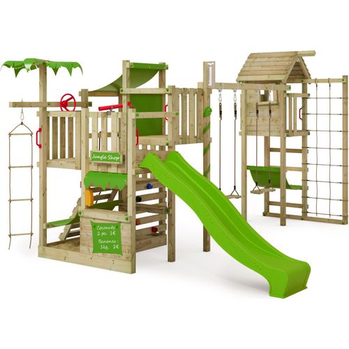 FATMOOSE Klettergerüst Spielturm CrazyCoconut mit Schaukel & Rutsche, Gartenspielgerät mit Turmanbau, Leiter & Spiel-Zubehör – apfelgrün