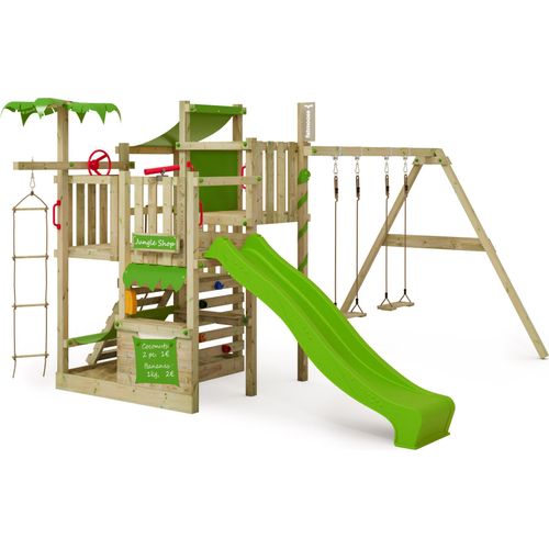 FATMOOSE Klettergerüst Spielturm CrazyCoconut mit Schaukel & Rutsche, Gartenspielgerät mit Leiter & Spiel-Zubehör – apfelgrün