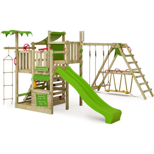 FATMOOSE Klettergerüst Spielturm CrazyCoconut mit Schaukel & Rutsche, Gartenspielgerät mit SurfSwing, Leiter & Spiel-Zubehör – apfelgrün